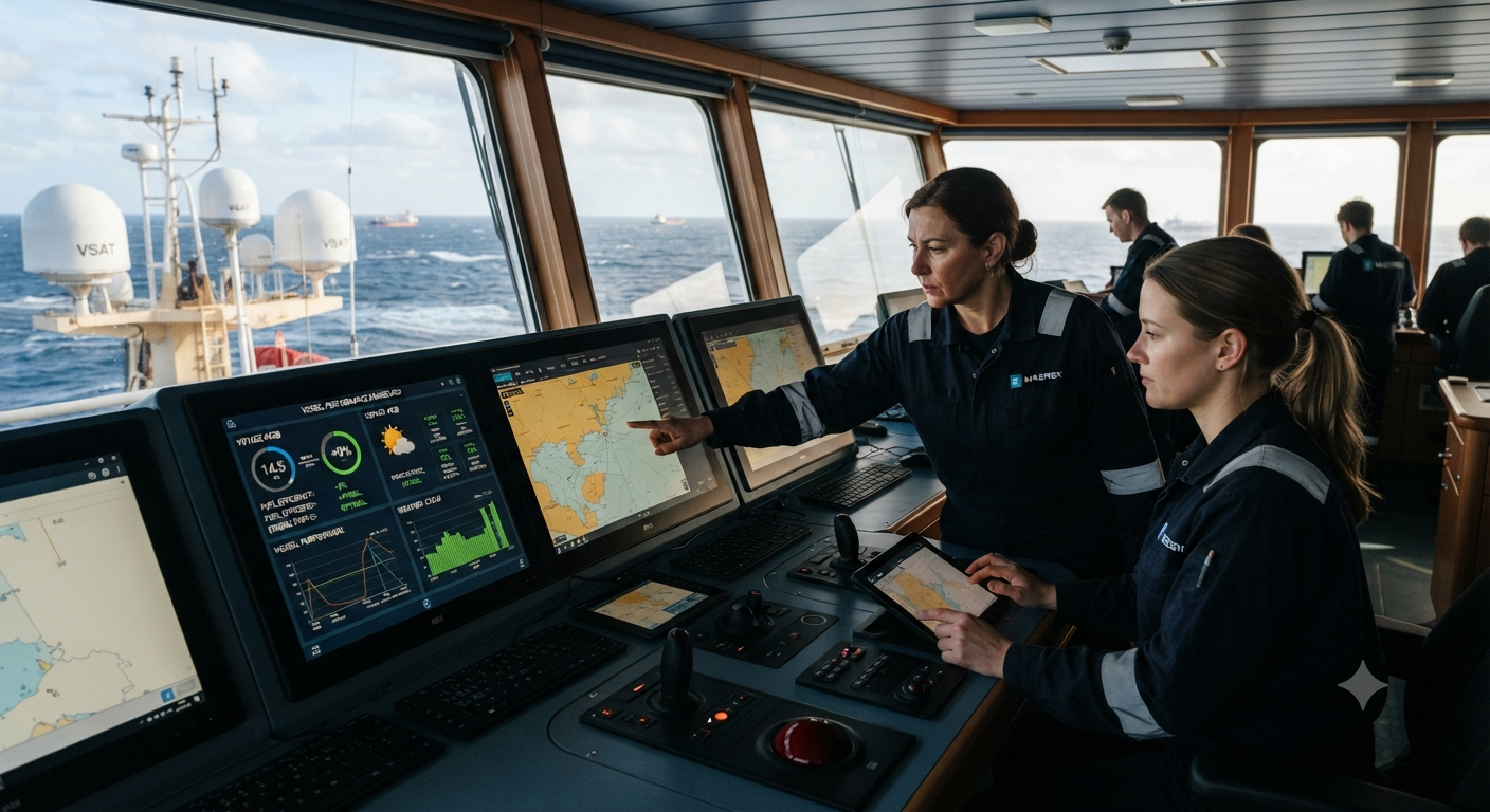 Two marine officers working at a modern ship's bridge console displaying digital navigation maps and vessel data analytics.