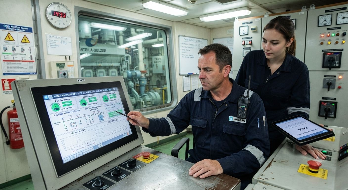Two marine engineers in a ship's control room reviewing engine data on a screen and a tablet
