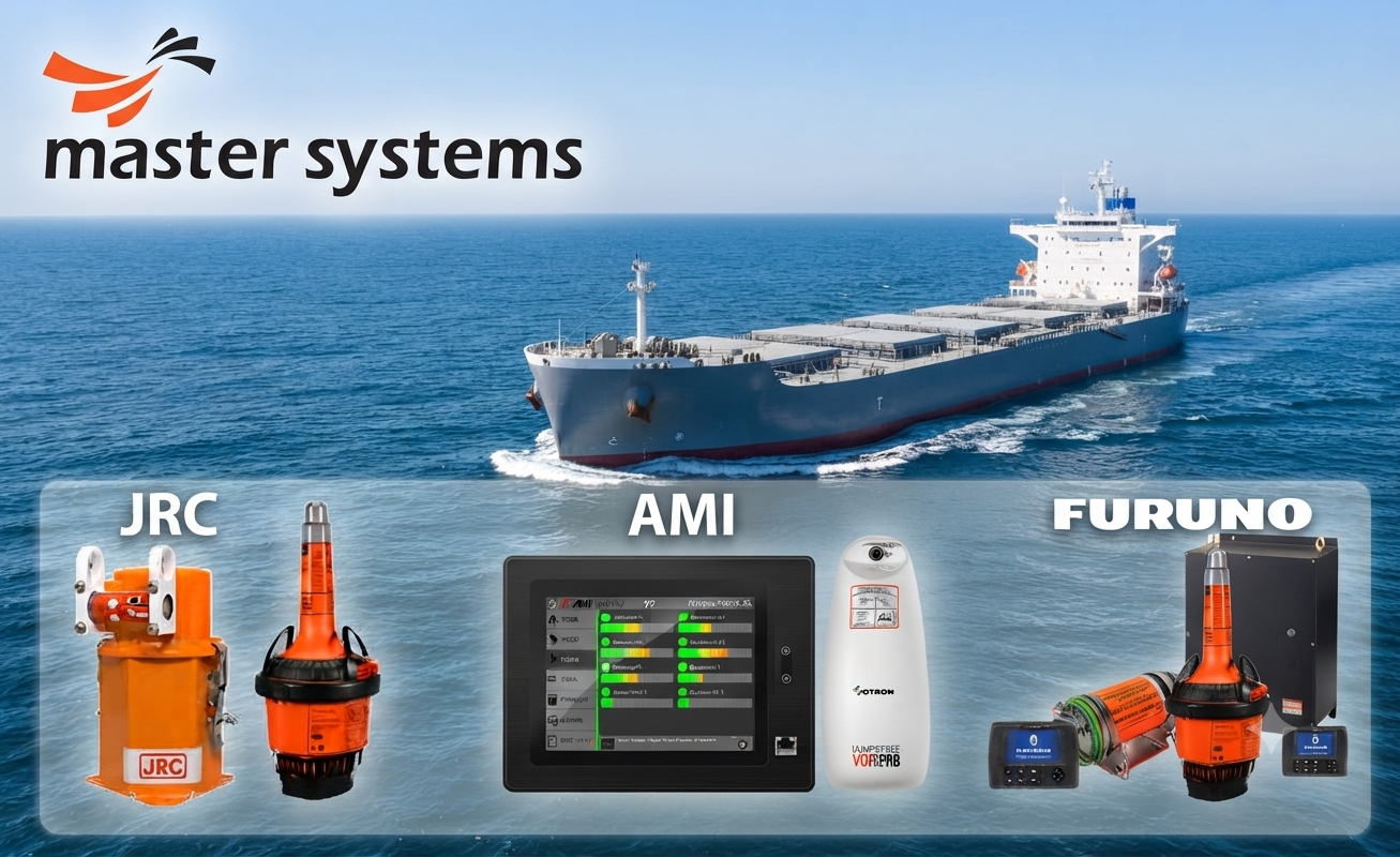 Master Systems logo above a cargo ship at sea, with JRC, AMI and Furuno voyage data recorder (VDR) equipment displayed below