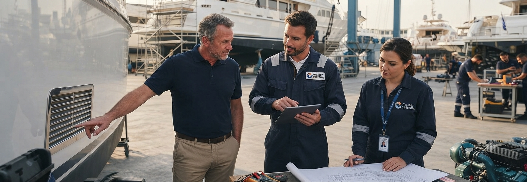 A yacht owner points to a boat's hull while consulting with two technicians from 'Master Systems', who are reviewing blueprints and a tablet on a workbench in a busy shipyard.