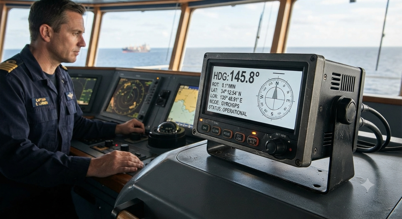 A digital gyro compass display on a ship's bridge showing a heading of 145.8°, with a captain operating the navigational console in the background.