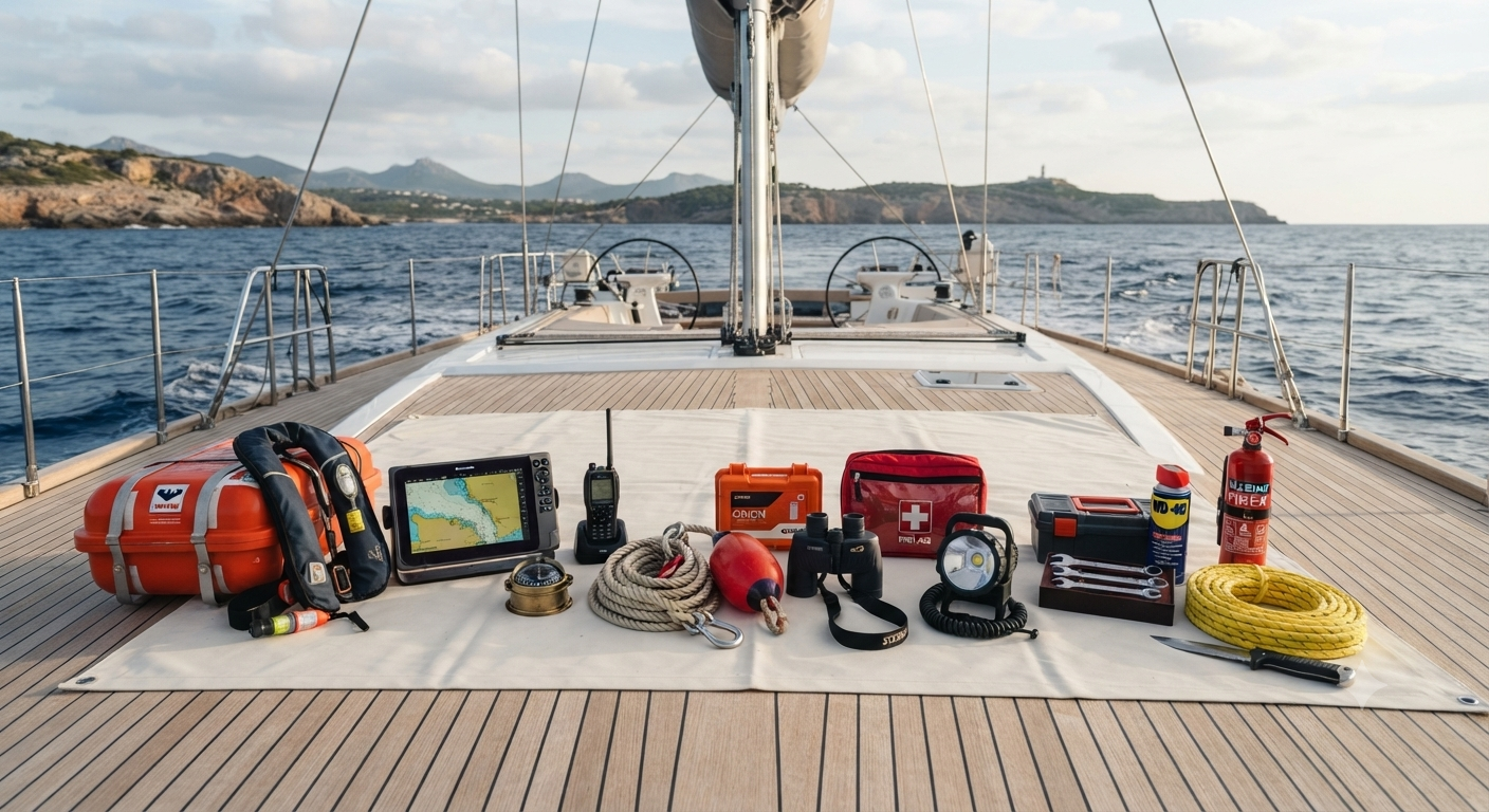 A wide-angle, realistic photograph from the deck of a sailing yacht shows an extensive spread of essential marine safety and navigation equipment laid out on a white canvas mat. In the background, the yacht is cruising on the blue sea towards a rugged coastline under a partly cloudy sky.