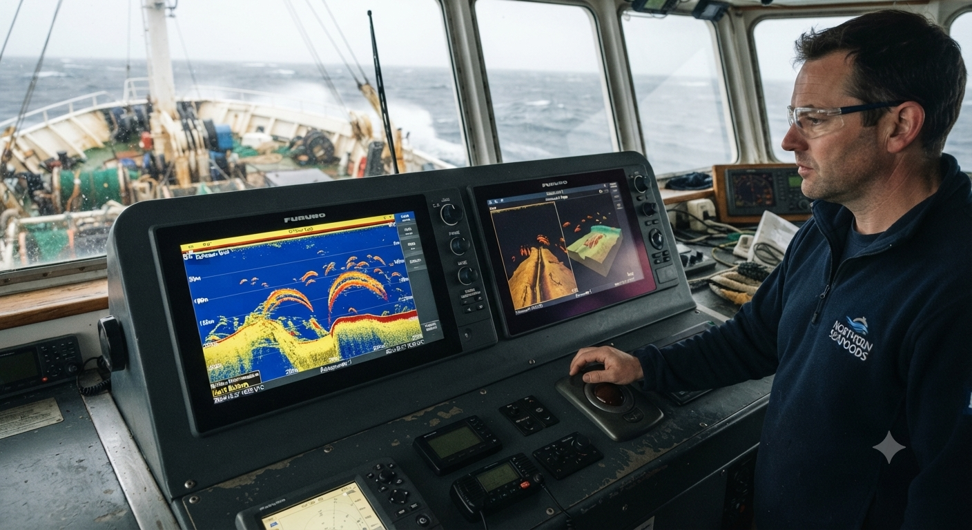 A marine officer operating dual Furuno echo sounder and sonar displays on the bridge of a vessel navigating choppy seas.