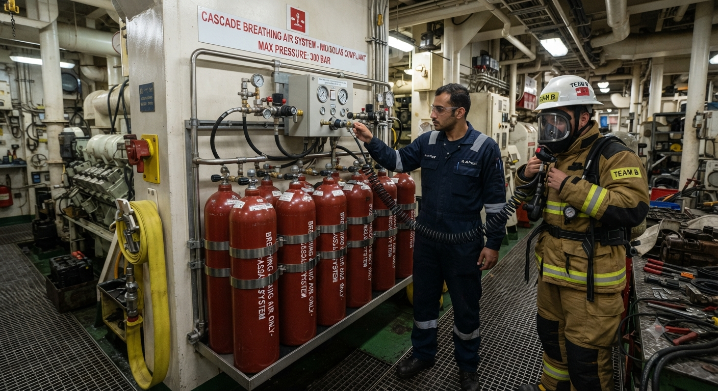 A marine engineer operating a high-pressure cascade breathing air system in a ship's engine room, while a crew member in full firefighting gear prepares for an emergency response.