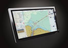 A marine navigation screen or ECDIS display showing a digital nautical chart, plotted route, and navigational telemetry against a dark background.