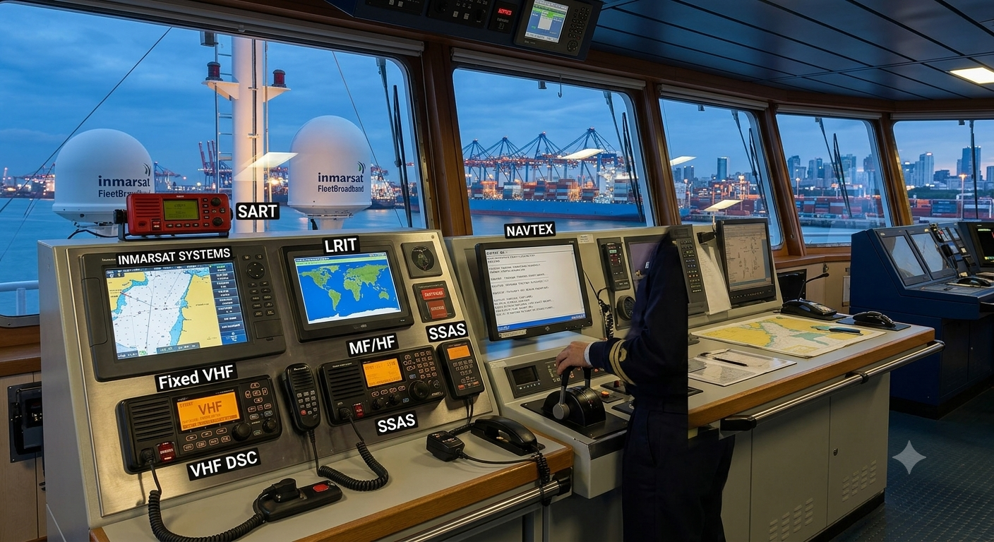 This photograph captures the modern and sophisticated interior of a ship's navigation bridge, focusing on the main console packed with various electronic equipment. Labels identify key systems like INMARSAT, SART, LRIT, and VHF DSC, all critical for maritime communication and safety. Outside the large windows, a busy port at dusk, complete with container ships and cranes, contrasts with the organized chaos of the controls.