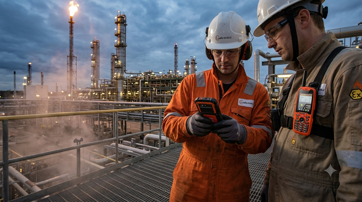Two technicians wearing hard hats, safety glasses, and high-visibility work uniforms stand on a metal grating platform at an industrial facility at dusk. One technician in the foreground reads data from a rugged orange i.safe MOBILE intrinsically safe smartphone, while the other looks on. Complex industrial pipes, steel structures, and illuminated fractionating towers with a burning flare stack are visible in the background against a twilight sky.