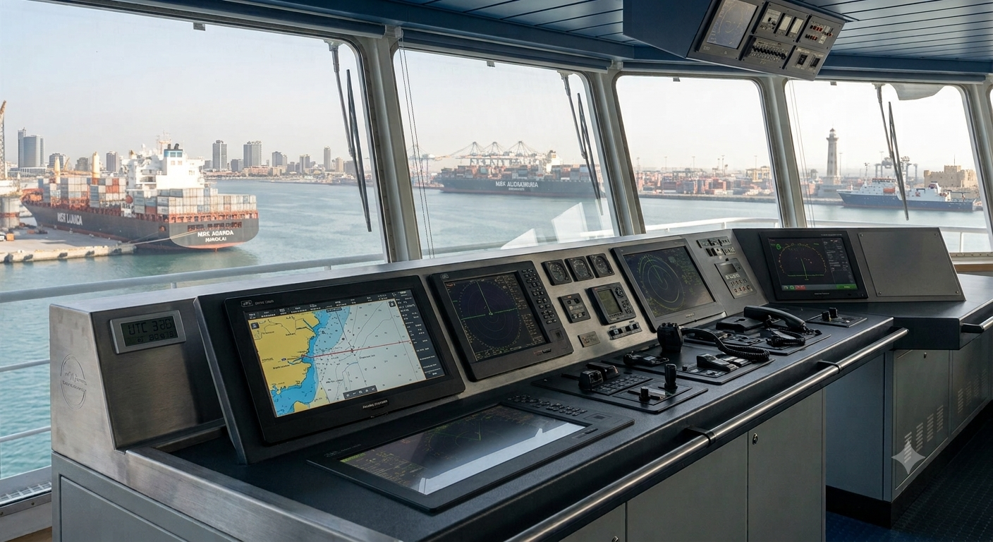 A wide-angle interior view from the bridge of a modern commercial cargo ship looking out through large windows at a busy international port during the day.