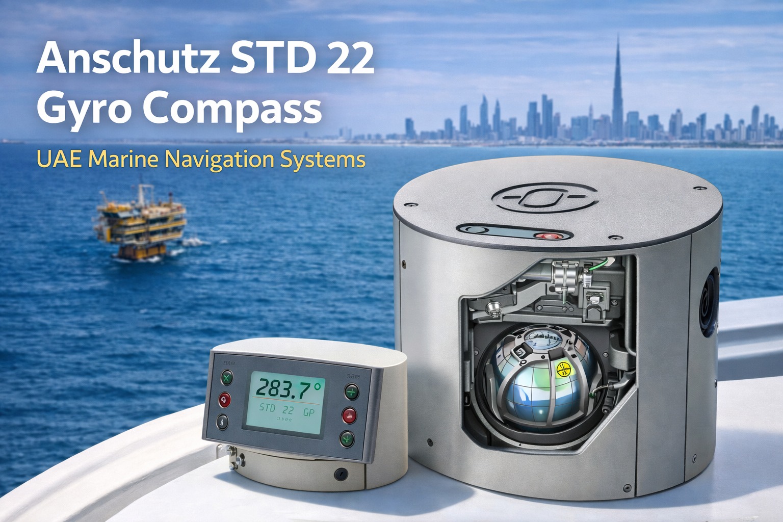 Anschutz Standard 22 gyro compass with cutaway sphere and digital heading display against a UAE coastline and offshore rig