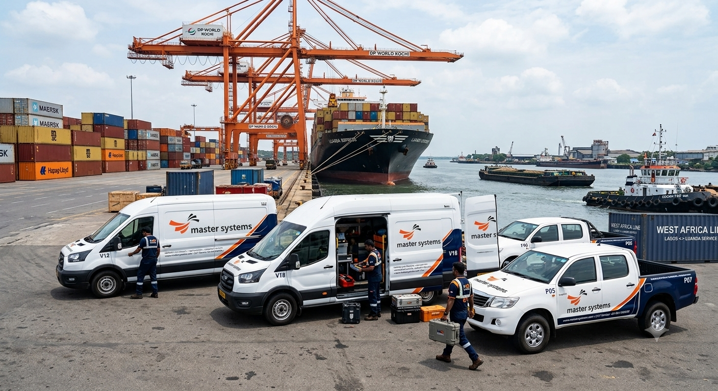 Master Systems service vehicles at a container port, with technicians unloading equipment near a West Africa Line container marked "Lagos–Luanda Service."