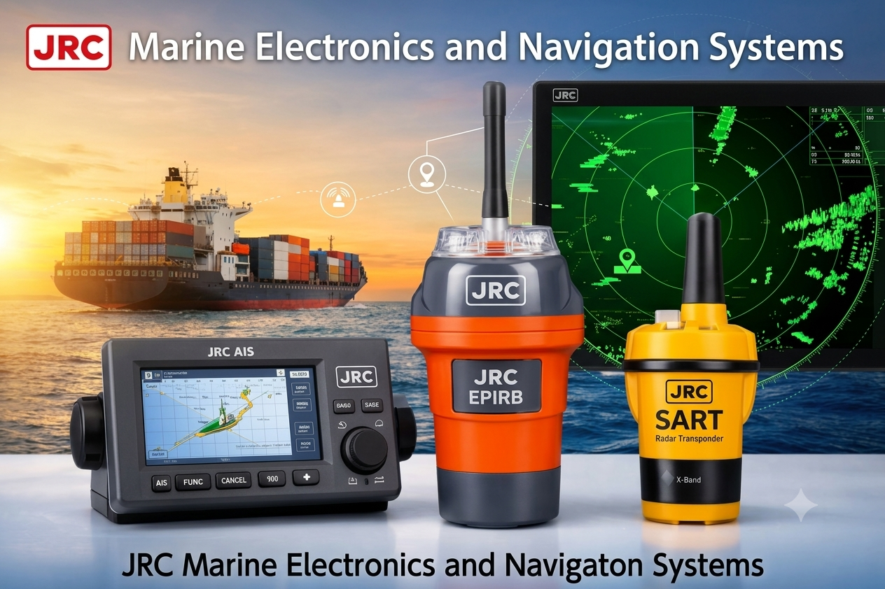 An promotional product showcase featuring JRC (Japan Radio Co., Ltd.) marine electronics and navigation equipment set against an ocean backdrop at sunset. The lineup on a reflective white surface includes a JRC AIS display unit on the left, an orange JRC EPIRB beacon in the center, and a yellow JRC SART radar transponder on the right.