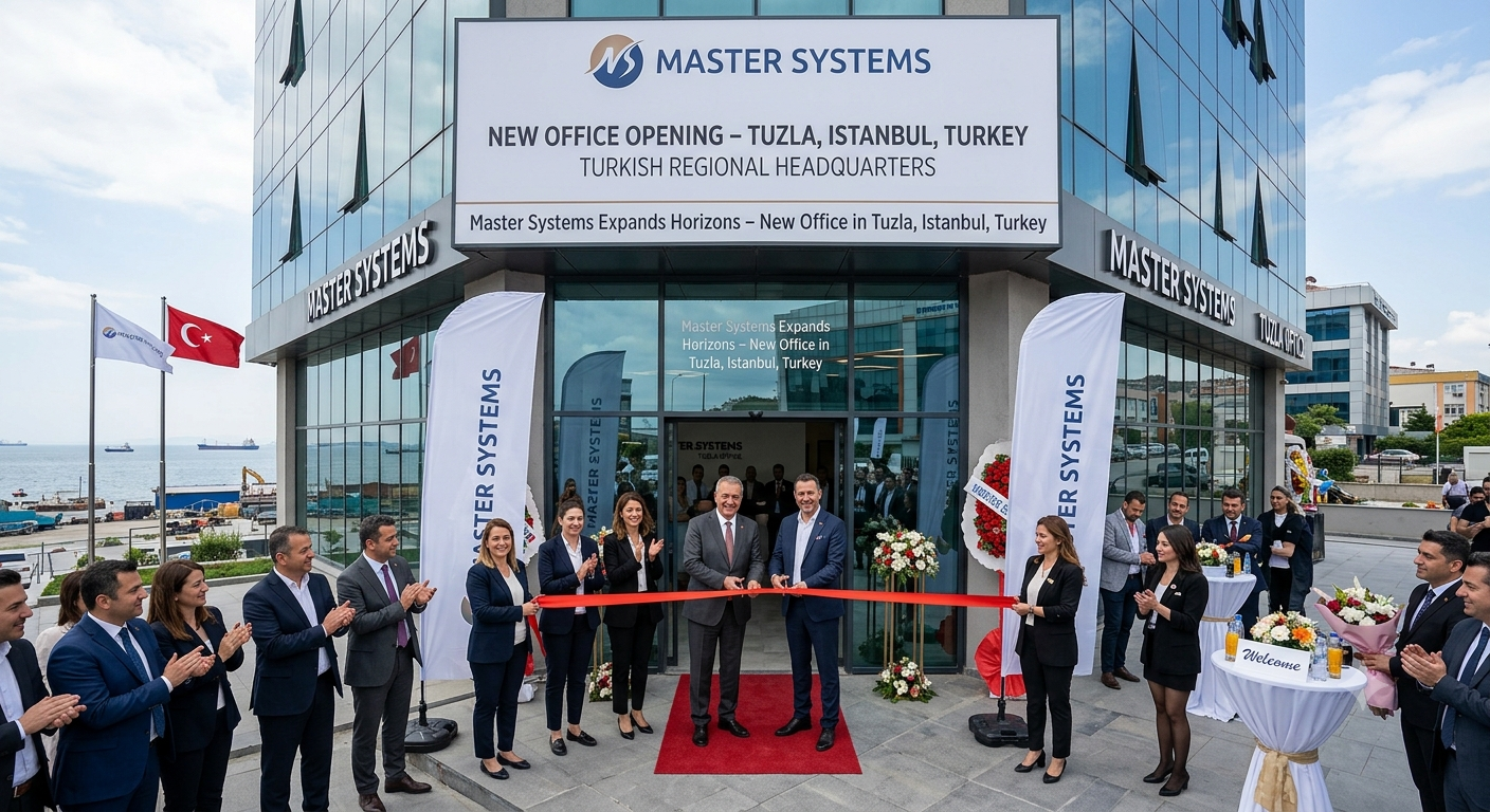 A ribbon-cutting ceremony outside a modern glass building labeled "Master Systems" in Tuzla, Istanbul, featuring executives, local branding, and a view of the sea in the background.