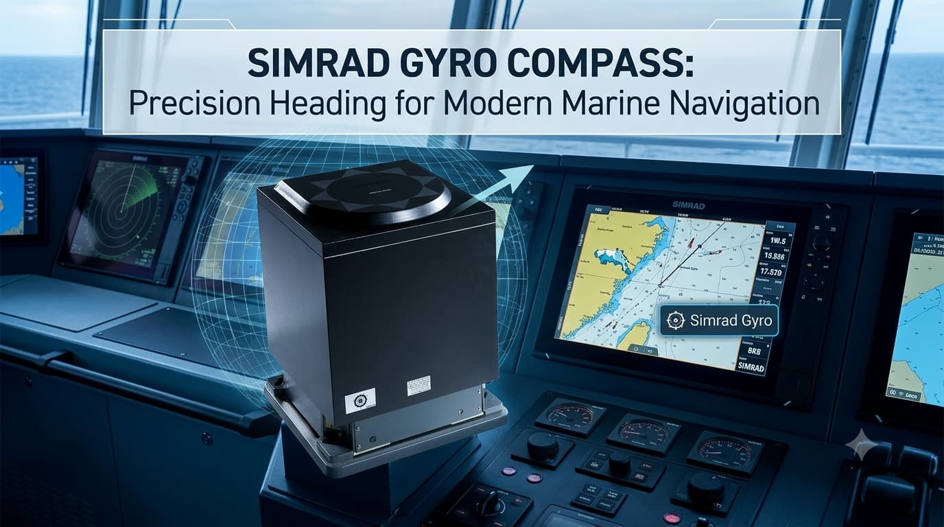 A photo of a Simrad gyrocompass unit positioned on the console bridge of a modern ship overlooking the open sea through large windows.