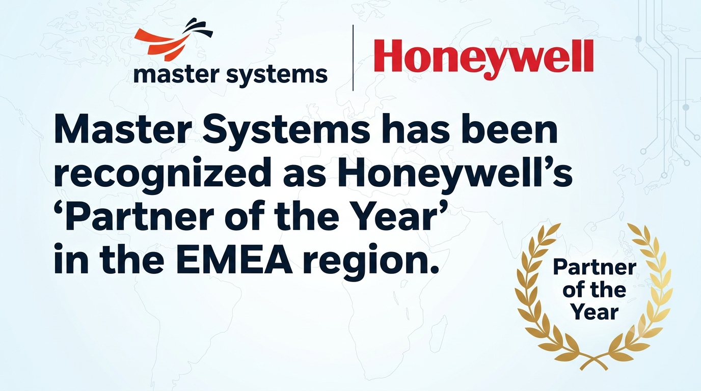 Minimalist blog banner featuring the logos of Master Systems and Honeywell at the top. Below the logos, text reads: "Master Systems has been recognized as Honeywell’s ‘Partner of the Year’ in the EMEA region." A subtle gold laurel wreath icon with "Partner of the Year" text appears in the bottom right corner against a clean, light background.