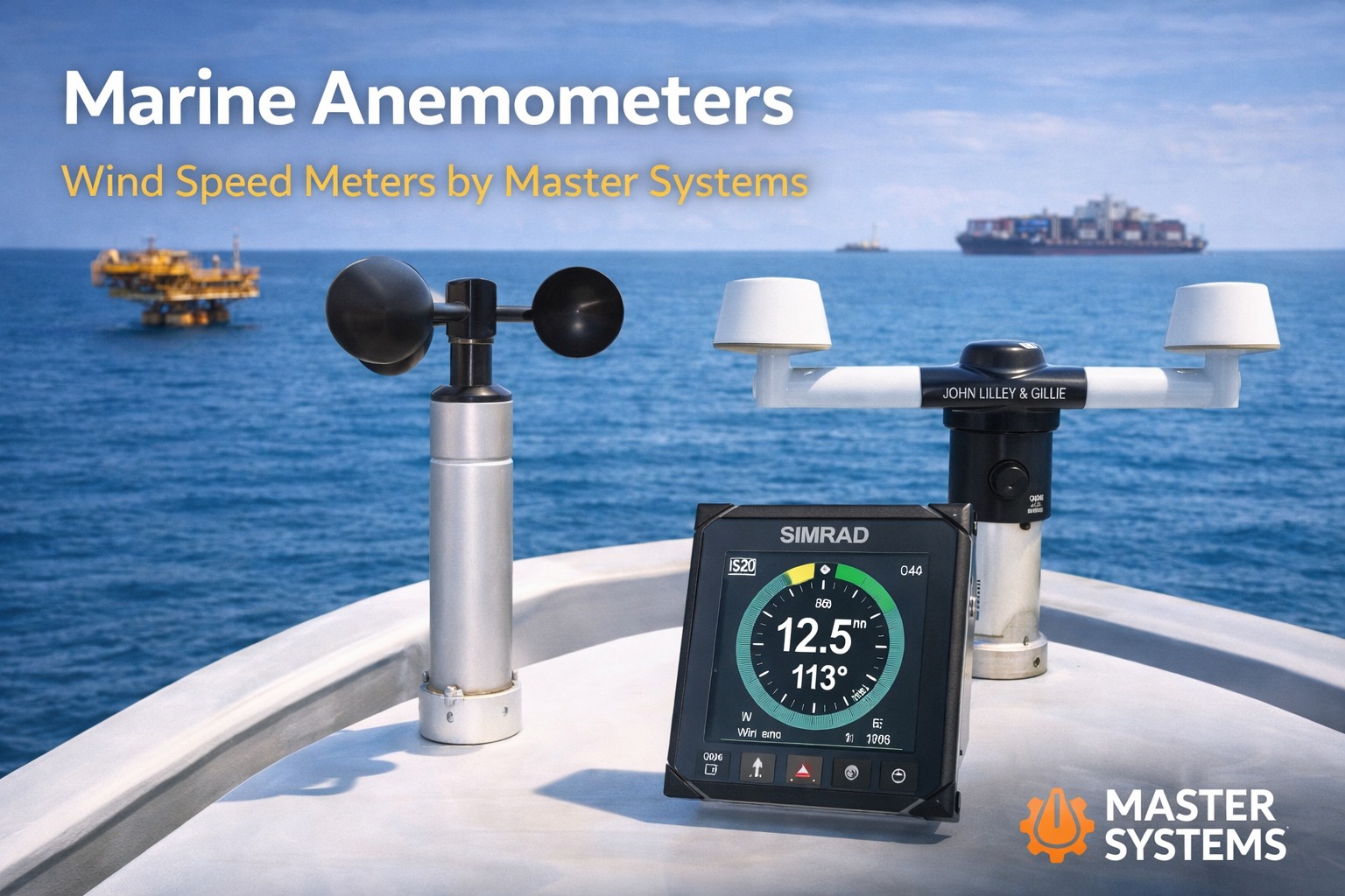 Marine anemometers by Master Systems on a ship's deck, a cup anemometer and a white wind sensor beside a Simrad display showing 12.5 knots at 113°, with a container ship and offshore platform at sea.
