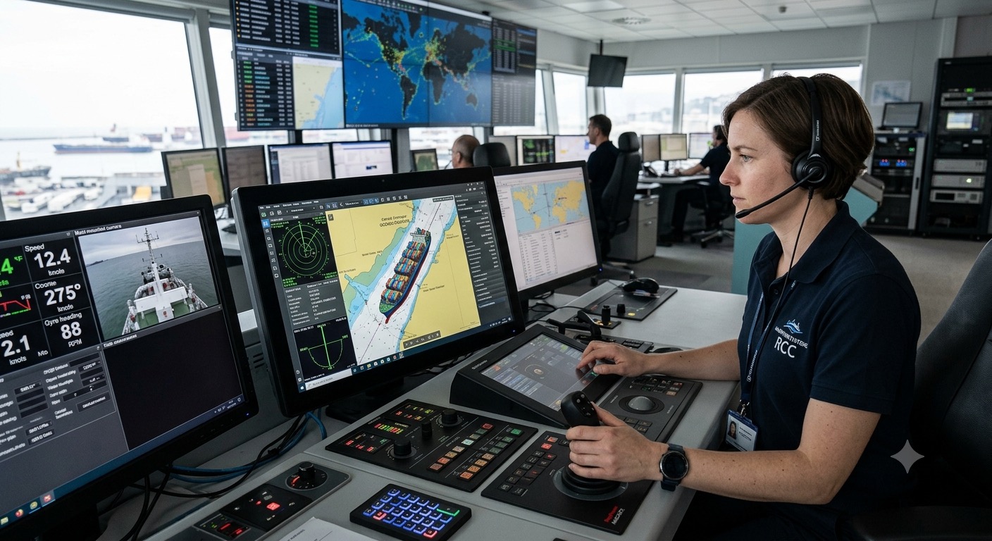 A focused woman wearing a headset and a "VTS VEST-SVENNE" uniform shirt sits at a multi-monitor workstation in a maritime control room, operating navigation systems and a joystick.