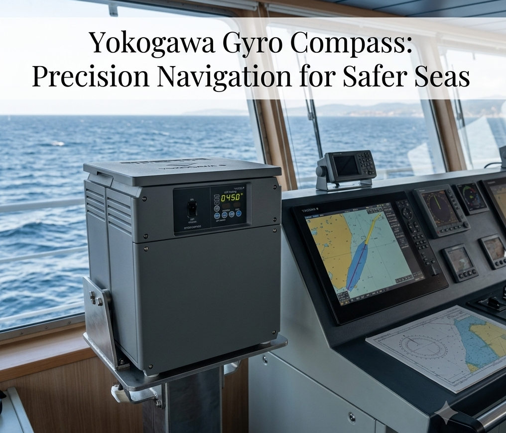 An Image of Yokogawa CMZ series gyrocompass unit mounted on a bracket inside a vessel's navigation bridge, overlooking the ocean through large windows.