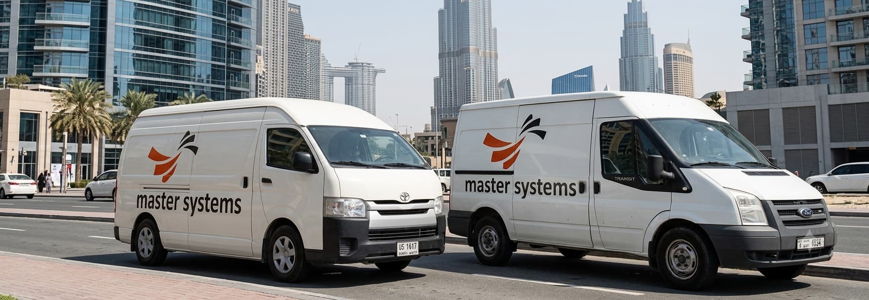 A white Toyota HiAce van and a white Ford Transit van parked on a street featuring the "Master Systems" logo on their side panels, with Dubai's skyline and Burj Khalifa in the background.