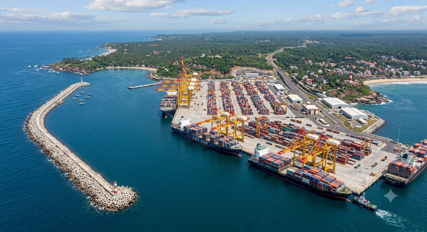 An aerial photograph of the Vizhinjam International Seaport in Kerala, India. Multiple large cargo ships are docked at the container terminal, which is busy with yellow gantry cranes and stacked colorful containers.