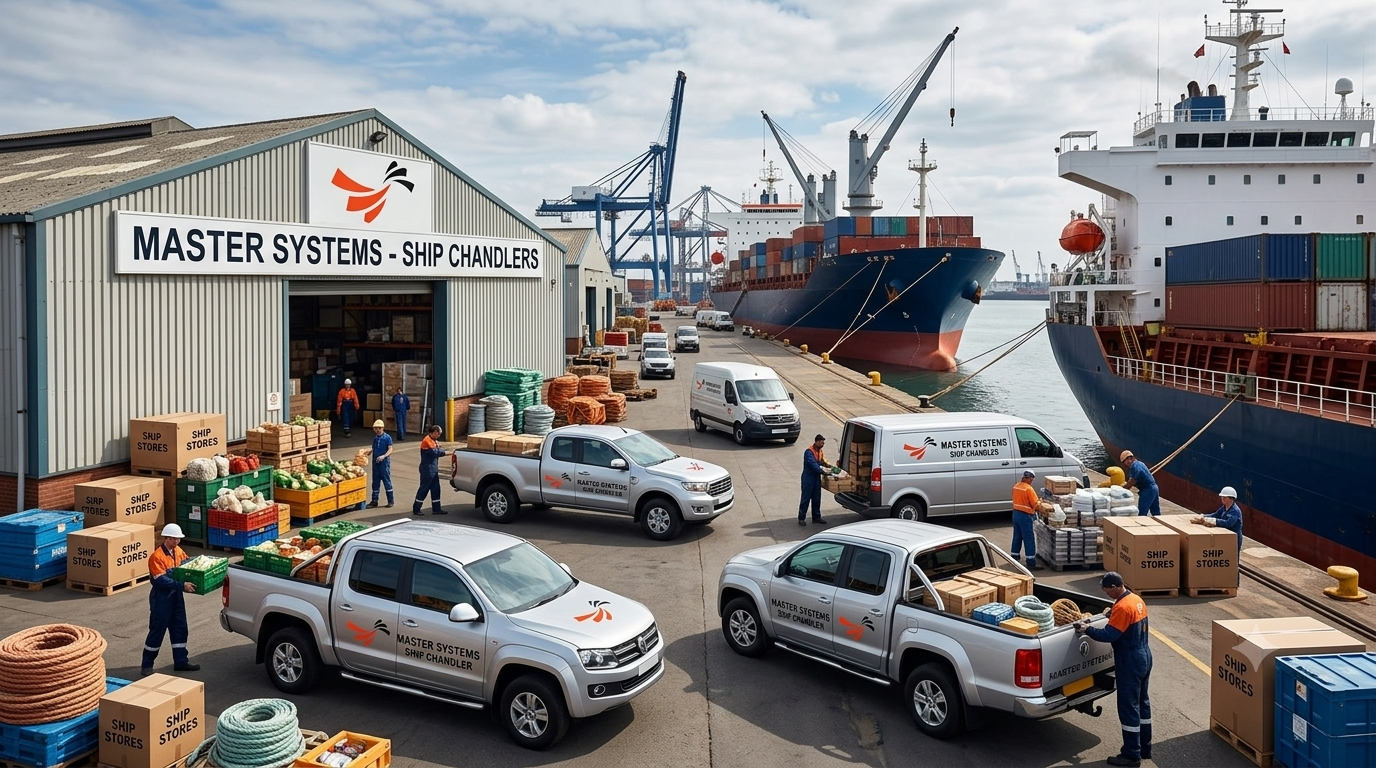 Master Systems ship chandlers' warehouse at a busy port, with branded pickup trucks and vans loading fresh produce, ropes and boxes of ship stores beside large cargo vessels at the quayside.