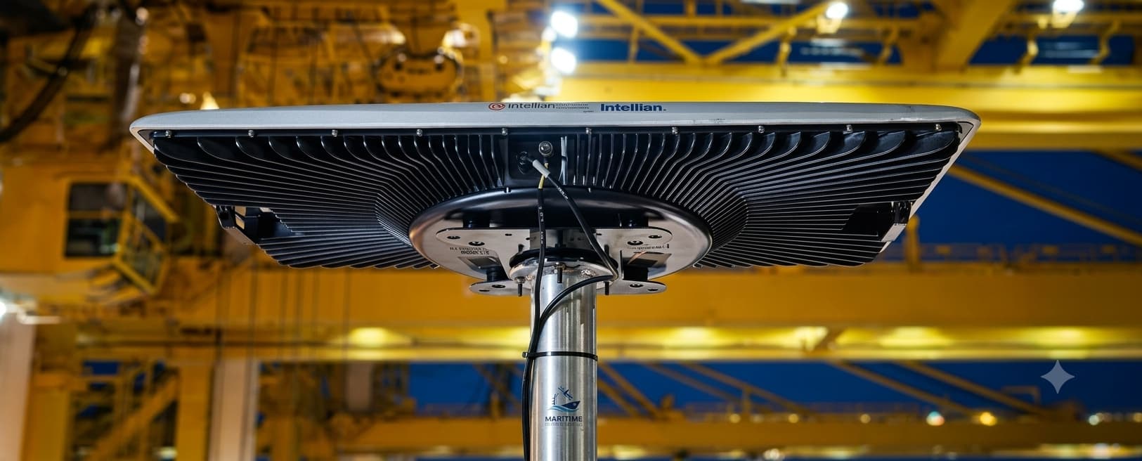 An Intellian satellite terminal mounted on a sleek metal pole in front of an industrial, yellow-gantry background.