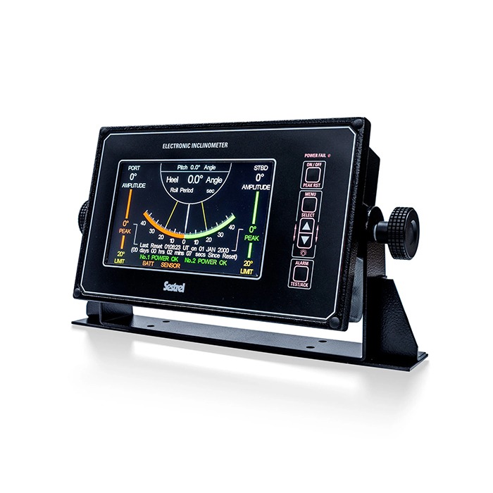 A black Sestrel Electronic Inclinometer digital display unit mounted on a black metal bracket with knurled side adjustment knobs against a white background.