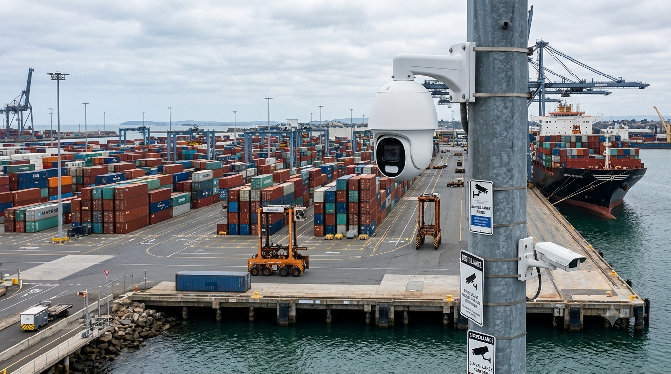 A detailed close-up shot of a white security camera mounted on a metal pole in the foreground, with a large, busy cargo shipping container port in the background under a cloudy sky.