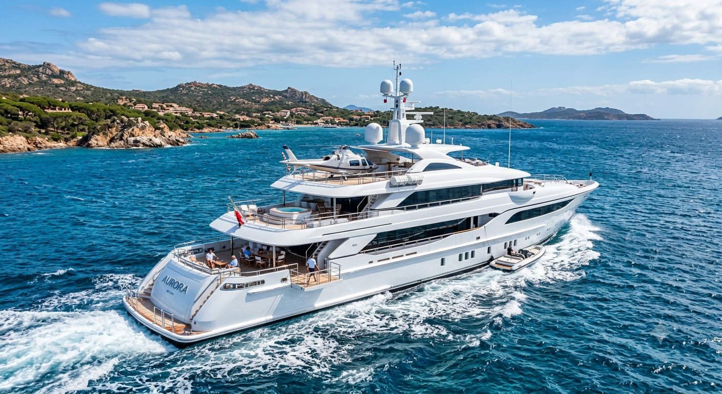 High-angle aerial photograph of a luxurious white luxury yacht cruising through deep blue tropical ocean waters near a rocky, hilly coastline.