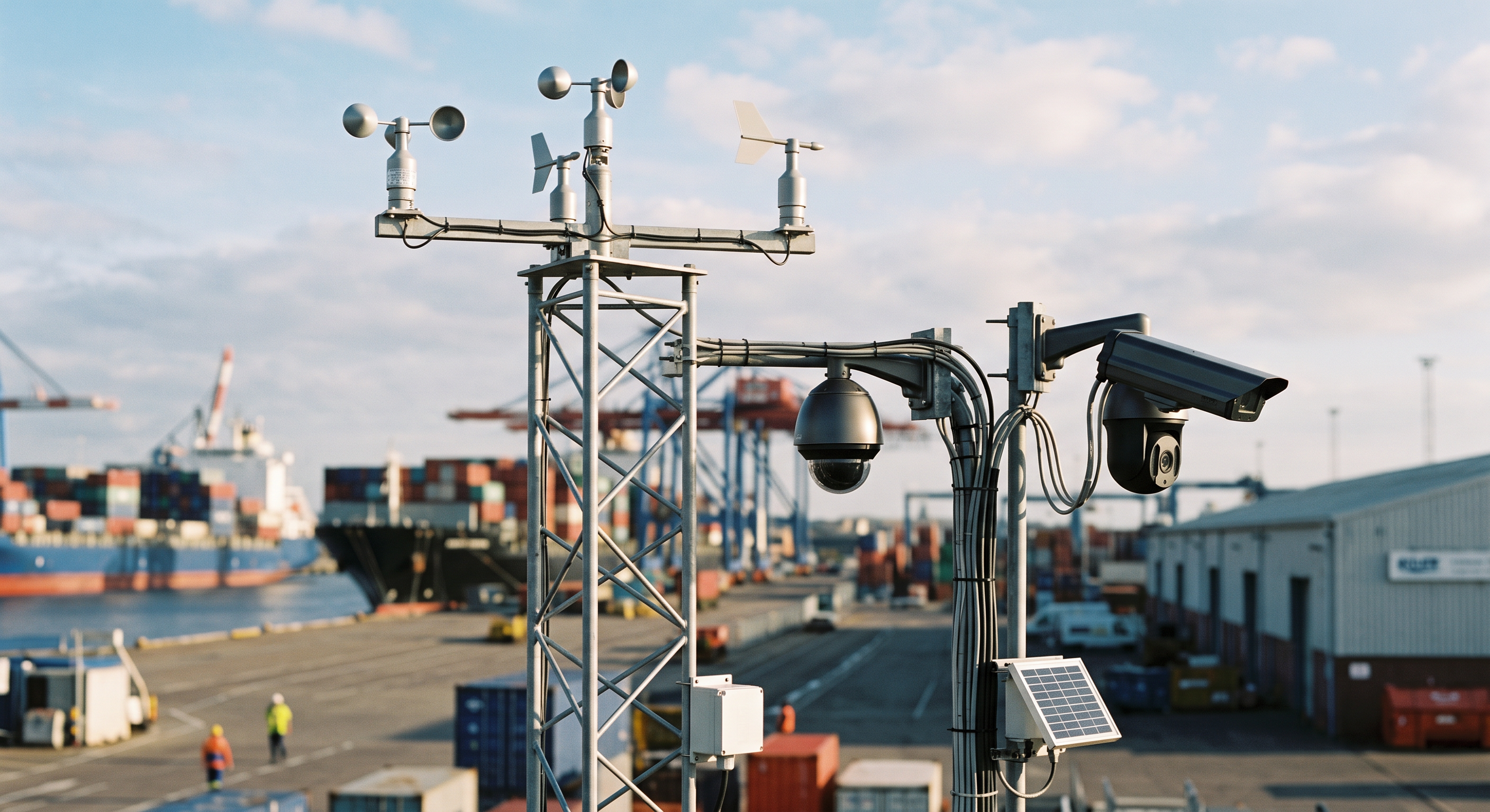 Weather-monitoring tower with cup anemometers and wind vanes beside a pole-mounted dome camera and bullet CCTV camera at a busy container port, with cargo ships, cranes, and stacked shipping containers in the background.