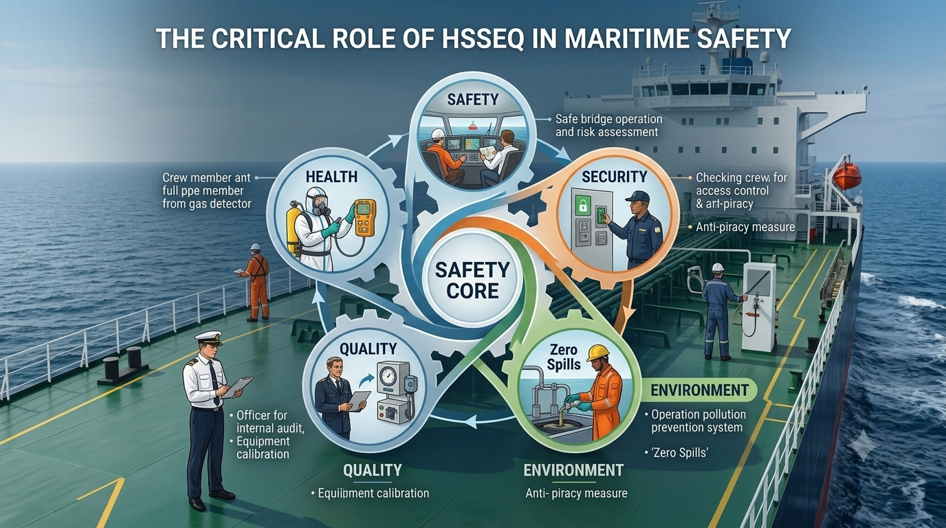 An infographic on the deck of a commercial ship, illustrating 'THE CRITICAL ROLE OF HSSEQ IN MARITIME SAFETY'. Five interconnected cogs labeled Health, Safety, Security, Environment, and Quality rotate around a central 'SAFETY CORE'. Detailed panels and crew illustrations define each discipline, such as a crew member with a gas detector for Health and an officer conducting equipment calibration for Quality.
