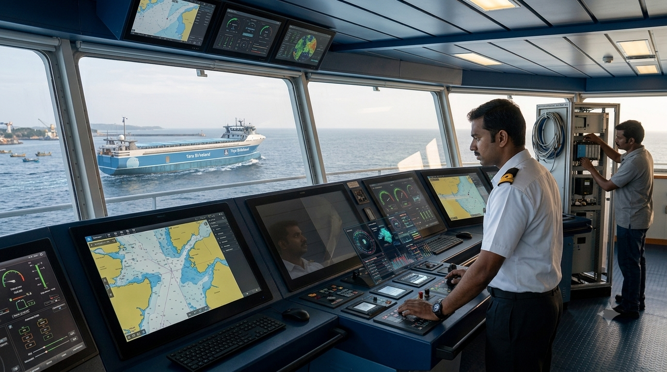 A detailed interior view of a modern ship’s bridge where a uniformed Indian officer stands at an integrated console with multiple screens and controls. Through the large front windows, another large cargo vessel, the "Yara Birkeland," is visible on the water, alongside smaller fishing boats and a distant port. A second crew member works on equipment on the right.