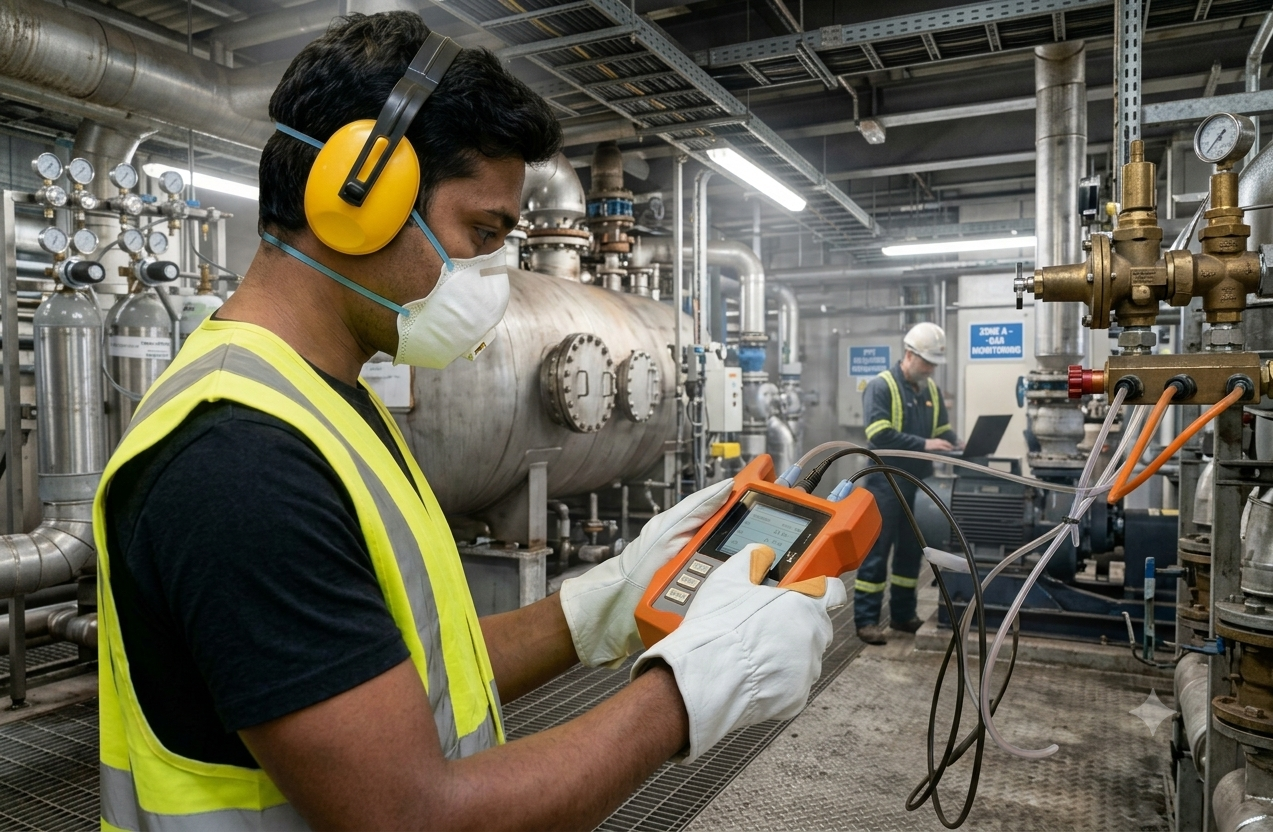 An Indian service technician wearing yellow ear defenders and a face mask operates a handheld gas testing device in an industrial plant room.
