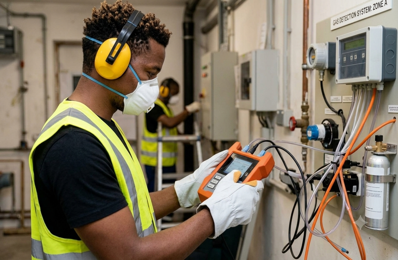 An african safety engineer wearing protective equipment operates a handheld gas detector inside an industrial plant filled with heavy machinery and complex piping.