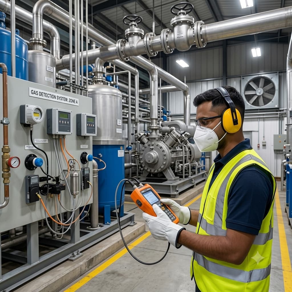 A male industrial worker in full PPE, including a respirator mask and hearing protection, holds a handheld gas detector while standing in front of a complex wall-mounted gas detection system with gauges, sensors, and large industrial piping in a machine room.