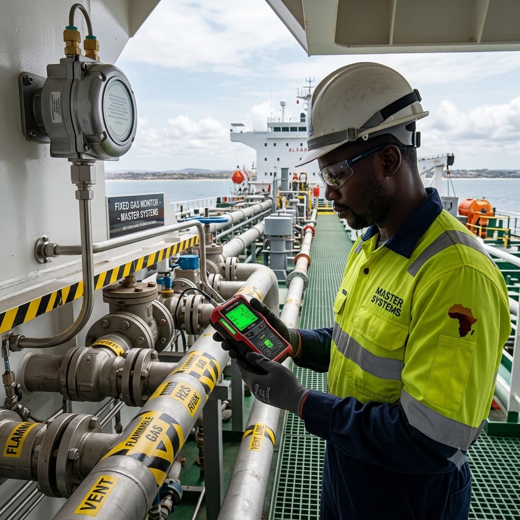 An African safety technician holding a portable gas detector on the deck of a marine vessel near fixed gas detection equipment and industrial piping.