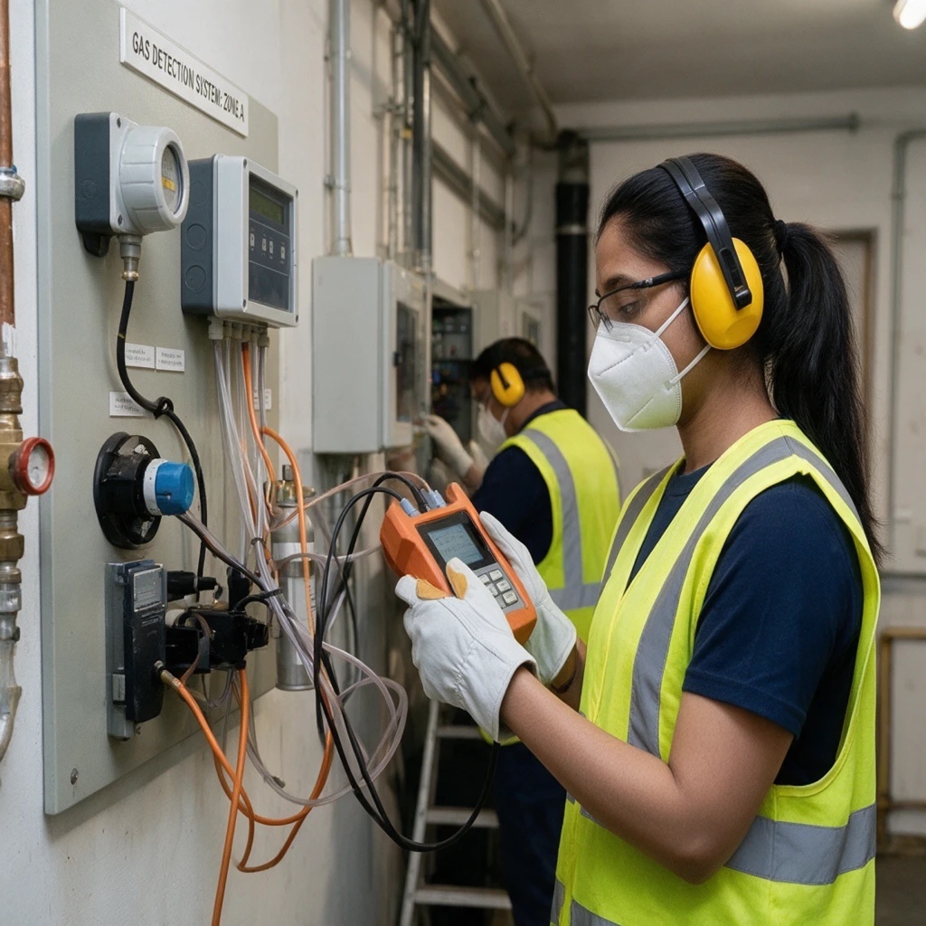 Technician in a hi-vis vest, ear defenders, and face mask calibrating a handheld gas detector beside a gas detection system panel while a colleague works in the background.